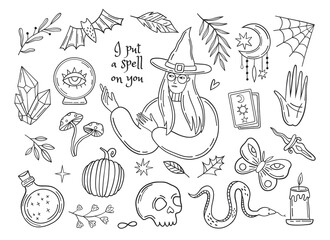Witch magic set. Hand drawn witchcraft elements collection