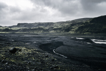 Sólheimasandur black sand plains on a stormy day in South Iceland
