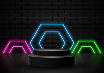 podium with neon light shapes illustration vector