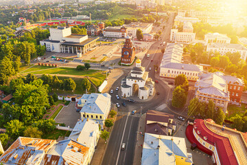 Aerial drone view of Vladimir City center with Golden Gate during sunset