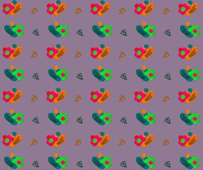 seamless pattern with orange, red and green color drawn repeated abstract flower and leaf shapes