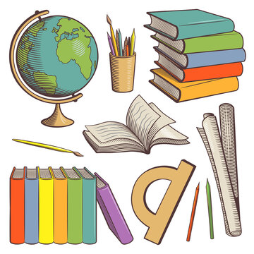 Set of objects. Education tools and study equipment. Globe, stack of books, pencil cup, paper roll, protractor, brushes and pencils. Colored retro style vector illustration
