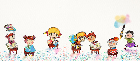Watercolor school children. Education concept - obrazy, fototapety, plakaty