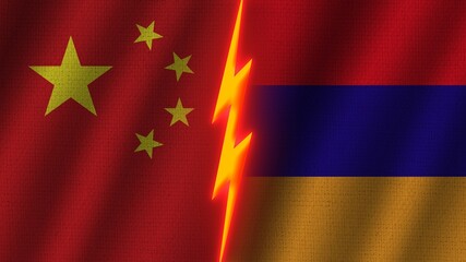 Armenia and China Flags Together, Wavy Fabric Texture Effect, Neon Glow Effect, Shining Thunder Icon, Crisis Concept, 3D Illustration