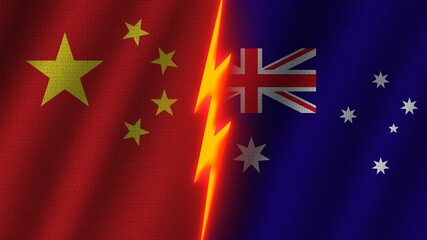 Australia and China Flags Together, Wavy Fabric Texture Effect, Neon Glow Effect, Shining Thunder Icon, Crisis Concept, 3D Illustration