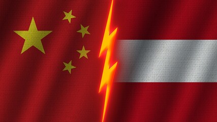 Austria and China Flags Together, Wavy Fabric Texture Effect, Neon Glow Effect, Shining Thunder Icon, Crisis Concept, 3D Illustration