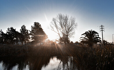 Sunset in front of a lake in Winter