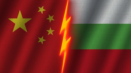 Bulgaria and China Flags Together, Wavy Fabric Texture Effect, Neon Glow Effect, Shining Thunder Icon, Crisis Concept, 3D Illustration