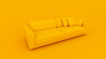 Yellow fabric sofa on brushed metal legs with pillows isolated on yellow background. Series of furniture. 3D Rendering.
