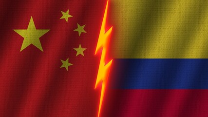 Colombia and China Flags Together, Wavy Fabric Texture Effect, Neon Glow Effect, Shining Thunder Icon, Crisis Concept, 3D Illustration