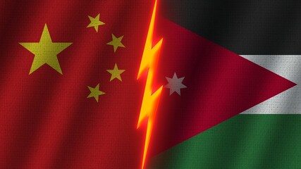 Jordan and China Flags Together, Wavy Fabric Texture Effect, Neon Glow Effect, Shining Thunder Icon, Crisis Concept, 3D Illustration