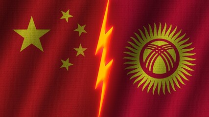 Kyrgyzstan and China Flags Together, Wavy Fabric Texture Effect, Neon Glow Effect, Shining Thunder Icon, Crisis Concept, 3D Illustration