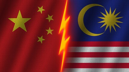 Malaysia and China Flags Together, Wavy Fabric Texture Effect, Neon Glow Effect, Shining Thunder Icon, Crisis Concept, 3D Illustration