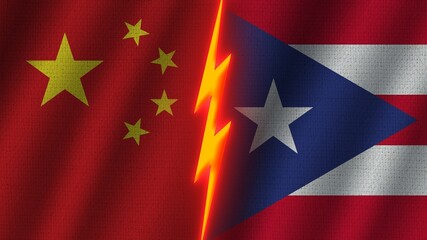 Puerto Rico and China Flags Together, Wavy Fabric Texture Effect, Neon Glow Effect, Shining Thunder Icon, Crisis Concept, 3D Illustration