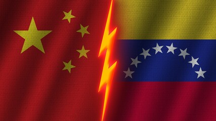 Venezuela and China Flags Together, Wavy Fabric Texture Effect, Neon Glow Effect, Shining Thunder Icon, Crisis Concept, 3D Illustration