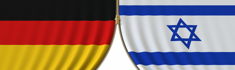 Flags of Germany and Israel and closing or opening zipper between them. Political negotiations or interaction conceptual 3D rendering