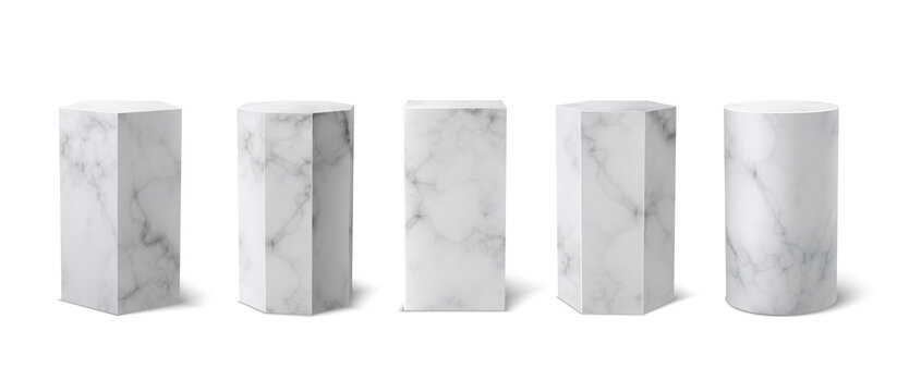 Classic realistic white marble 3d podium museum set on white background.