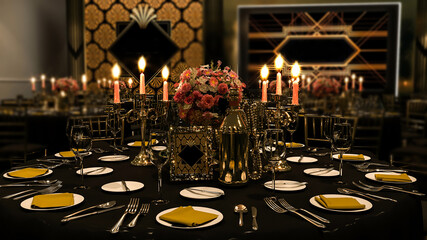 Luxury Table setting. Table settings wait for guests at home or restaurant, artificial potted plant for decoration. 3d rendering.