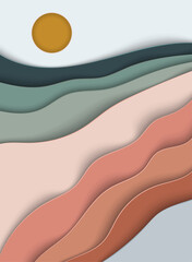 Abstract landscape summer background with paper waves for banner, invitation, poster or website design. Paper cut style, 3d effect copy, space for text, vector illustration