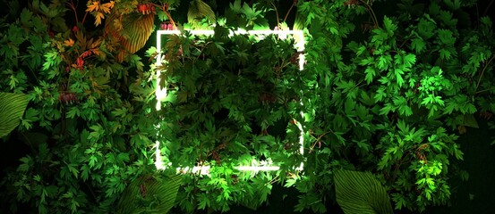 Creative background made of tropical leaves with neon light square. Nature concept.
