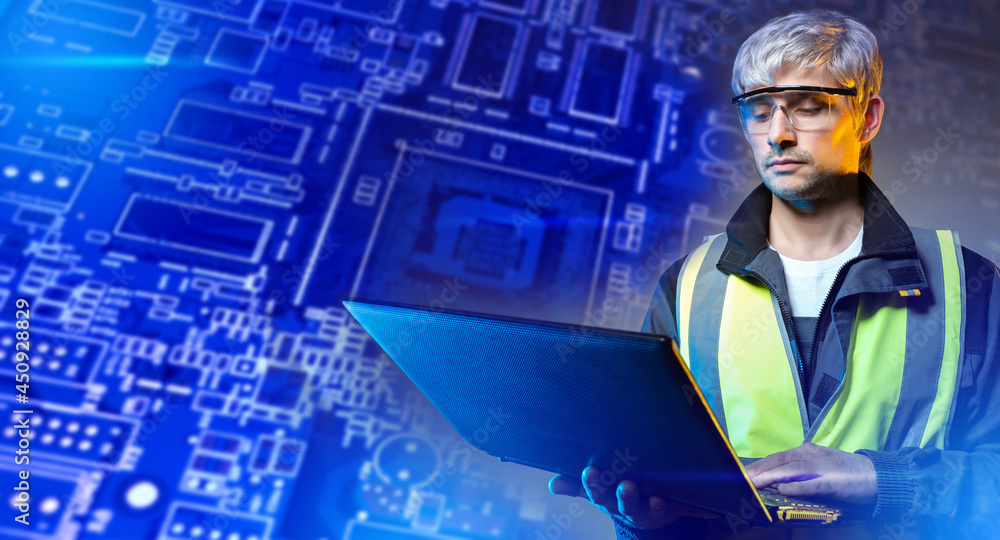 Poster electronics manufacturing concept. technology engineering. pcb board behind engineer. technology eng