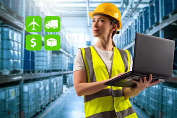 Logistics technology concept. Woman logistician at warehouse. Logistics company employee with laptop. Icons symbolizing logistics near woman. Woman in a yellow vest and protective helmet.