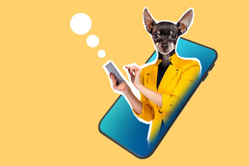 A dog woman looks out of a smartphone. Girl uses a smartphone. Conceptual portrait of a businesswoman. Portrait of a businesswoman in a modern magazine style. Illustration for a business magazine