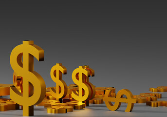 Set of US dollar symbols. American dollar logos. American currency signs on gray background. Place for text on financial topic. Lying dollar logos symbolize crisis. 3d illustration.