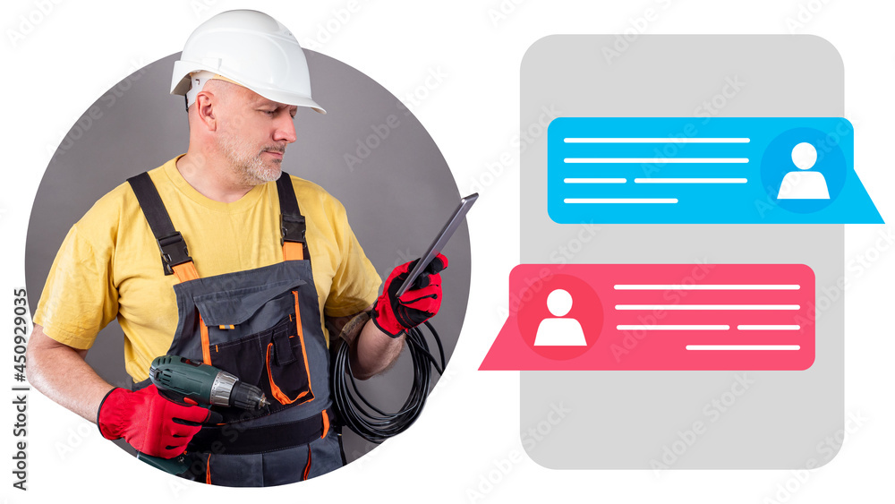 Aufkleber worker in uniform uses applications. construction house renovation service. apps online service or p