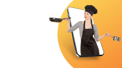 Online food delivery concept. Woman cook prepares food. Cook at phone screen. Woman chef holding cup. dishes delivery apps. Applications online food delivery. Products from restaurant shipping apps