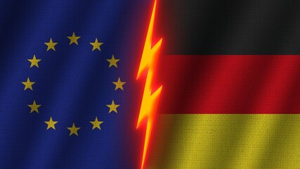 Germany and European Union Flags Together, Wavy Fabric Texture Effect, Neon Glow Effect, Shining Thunder Icon, Crisis Concept, 3D Illustration