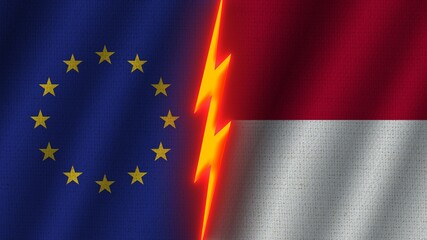 Indonesia and European Union Flags Together, Wavy Fabric Texture Effect, Neon Glow Effect, Shining Thunder Icon, Crisis Concept, 3D Illustration