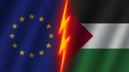 Palestine and European Union Flags Together, Wavy Fabric Texture Effect, Neon Glow Effect, Shining Thunder Icon, Crisis Concept, 3D Illustration