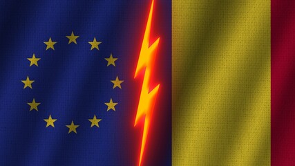 Romania and European Union Flags Together, Wavy Fabric Texture Effect, Neon Glow Effect, Shining Thunder Icon, Crisis Concept, 3D Illustration