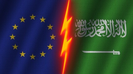 Saudi Arabia and European Union Flags Together, Wavy Fabric Texture Effect, Neon Glow Effect, Shining Thunder Icon, Crisis Concept, 3D Illustration