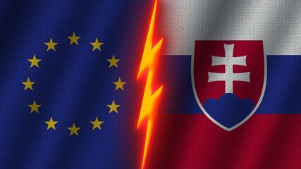 Slovakia and European Union Flags Together, Wavy Fabric Texture Effect, Neon Glow Effect, Shining Thunder Icon, Crisis Concept, 3D Illustration