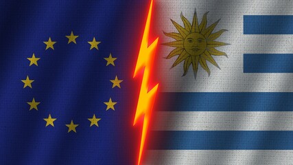 Uruguay and European Union Flags Together, Wavy Fabric Texture Effect, Neon Glow Effect, Shining Thunder Icon, Crisis Concept, 3D Illustration