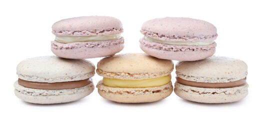 Different delicious colorful macarons on white background