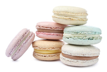 Different delicious colorful macarons on white background