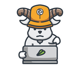 cute goat working on laptop for a money. Animal cartoon Isolated Flat Style Sticker Web Design Icon illustration Premium Vector Logo mascot character