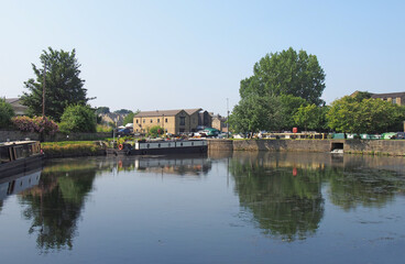 scenic view of brighouse basin with boats and mooring in west yorkshire