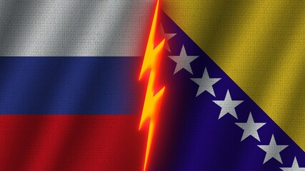 Bosnia and Herzegovina and Russia Flags Together, Wavy Fabric Texture Effect, Neon Glow Effect, Shining Thunder Icon, Crisis Concept, 3D Illustration