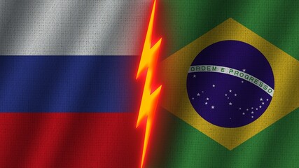 Brazil and Russia Flags Together, Wavy Fabric Texture Effect, Neon Glow Effect, Shining Thunder Icon, Crisis Concept, 3D Illustration