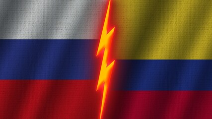 Colombia and Russia Flags Together, Wavy Fabric Texture Effect, Neon Glow Effect, Shining Thunder Icon, Crisis Concept, 3D Illustration