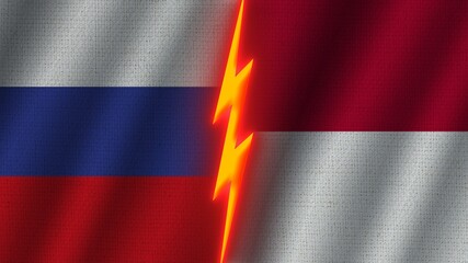 Indonesia and Russia Flags Together, Wavy Fabric Texture Effect, Neon Glow Effect, Shining Thunder Icon, Crisis Concept, 3D Illustration