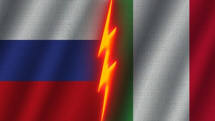 Italy and Russia Flags Together, Wavy Fabric Texture Effect, Neon Glow Effect, Shining Thunder Icon, Crisis Concept, 3D Illustration