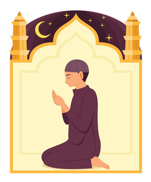 Muslim Man Pray to the God and Mosque Frame is Background.