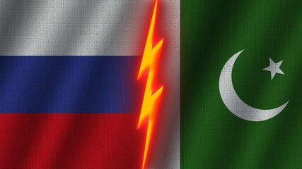 Pakistan and Russia Flags Together, Wavy Fabric Texture Effect, Neon Glow Effect, Shining Thunder Icon, Crisis Concept, 3D Illustration