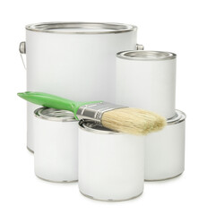 Paint cans and brush on white background © New Africa