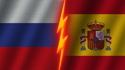 Spain and Russia Flags Together, Wavy Fabric Texture Effect, Neon Glow Effect, Shining Thunder Icon, Crisis Concept, 3D Illustration